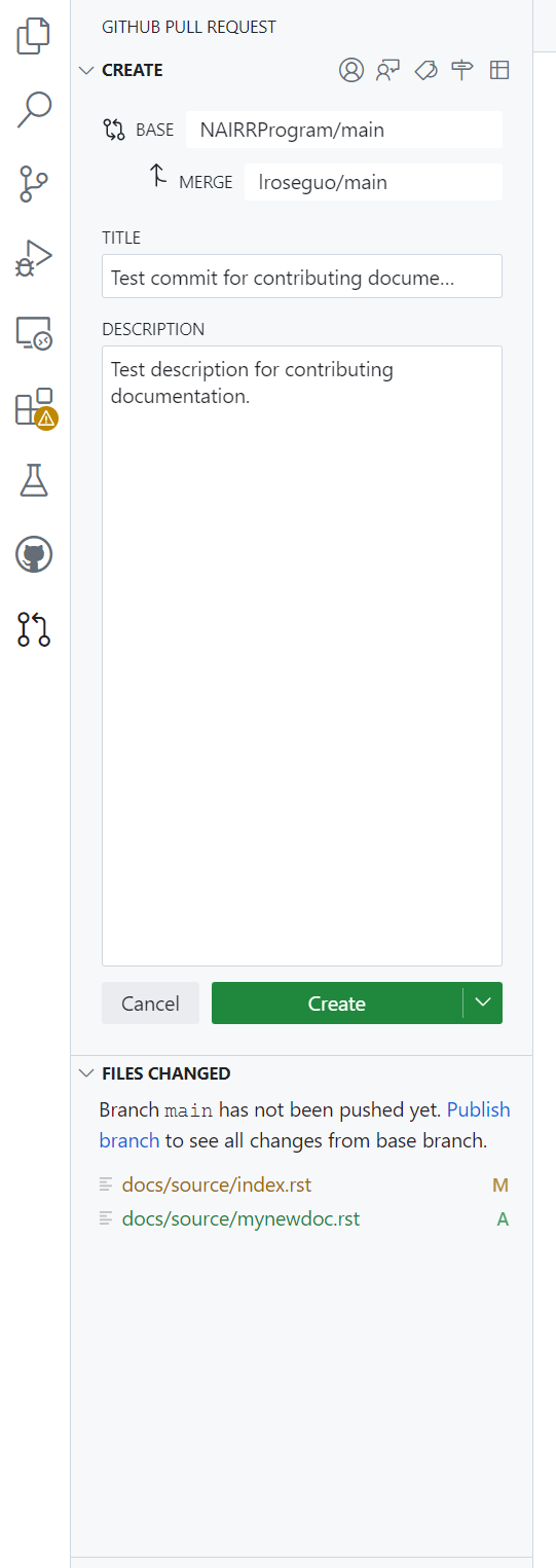 The Github Pull Request window.
