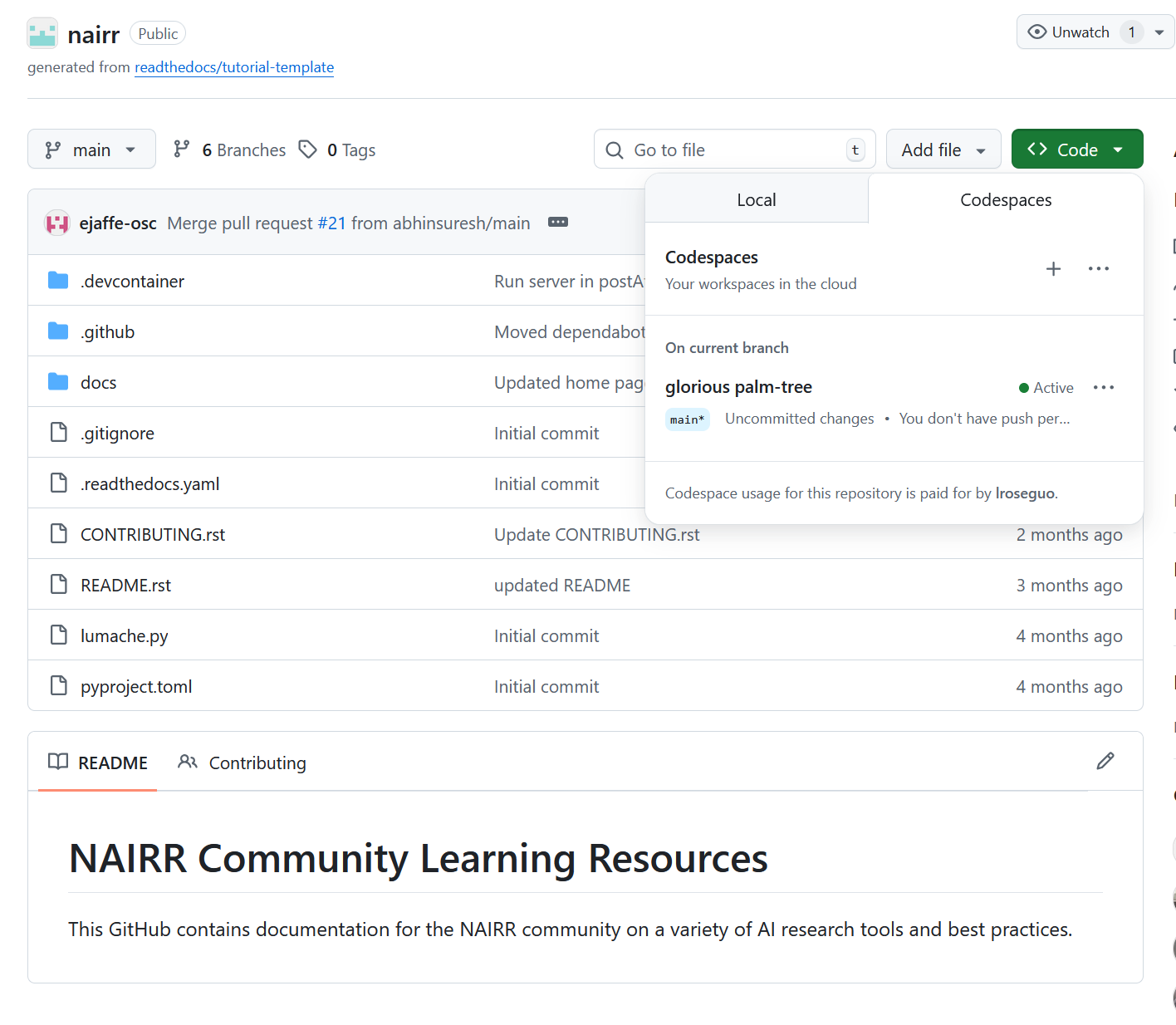 Codespaces tab with pre-existing codespace available.