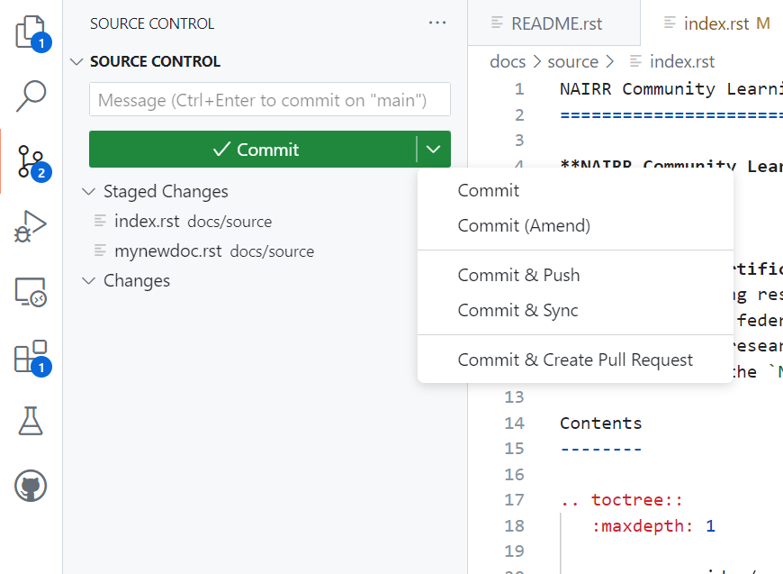 The Source Control panel with a drop-down menu under the 'Commit' button showing various commit options.