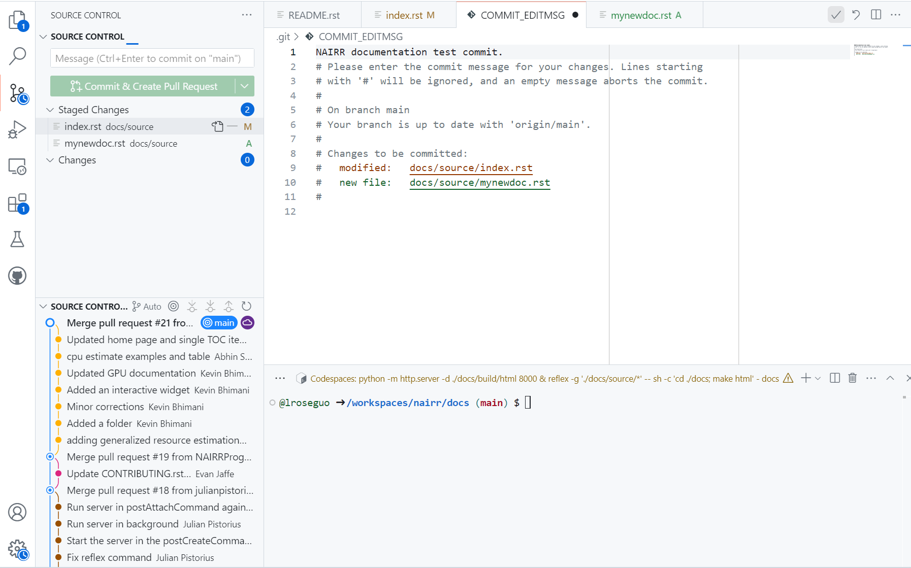 The COMMIT_EDITMSG editor with an example commit message and the checkmark to accept the commit message visible at the top right.