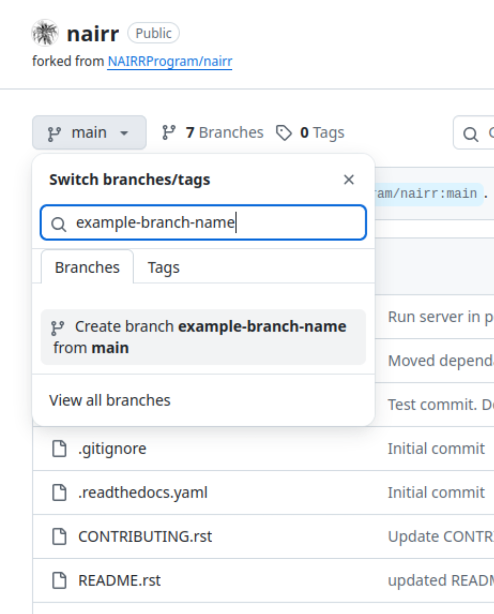 The naming of a new example branch from main.