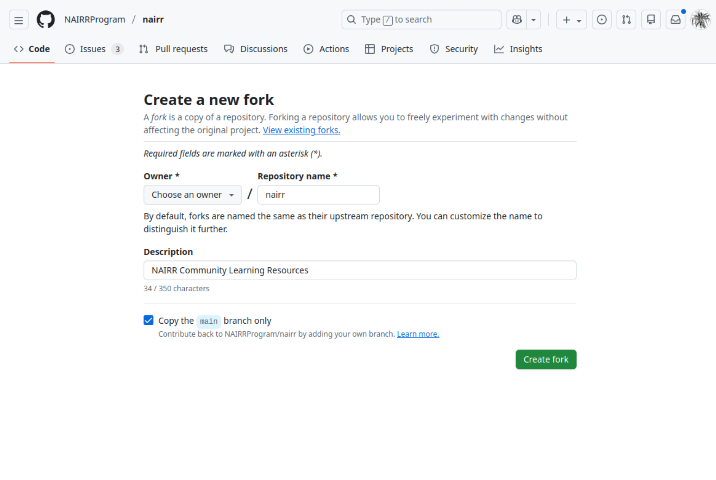 The 'Create a new fork' page.