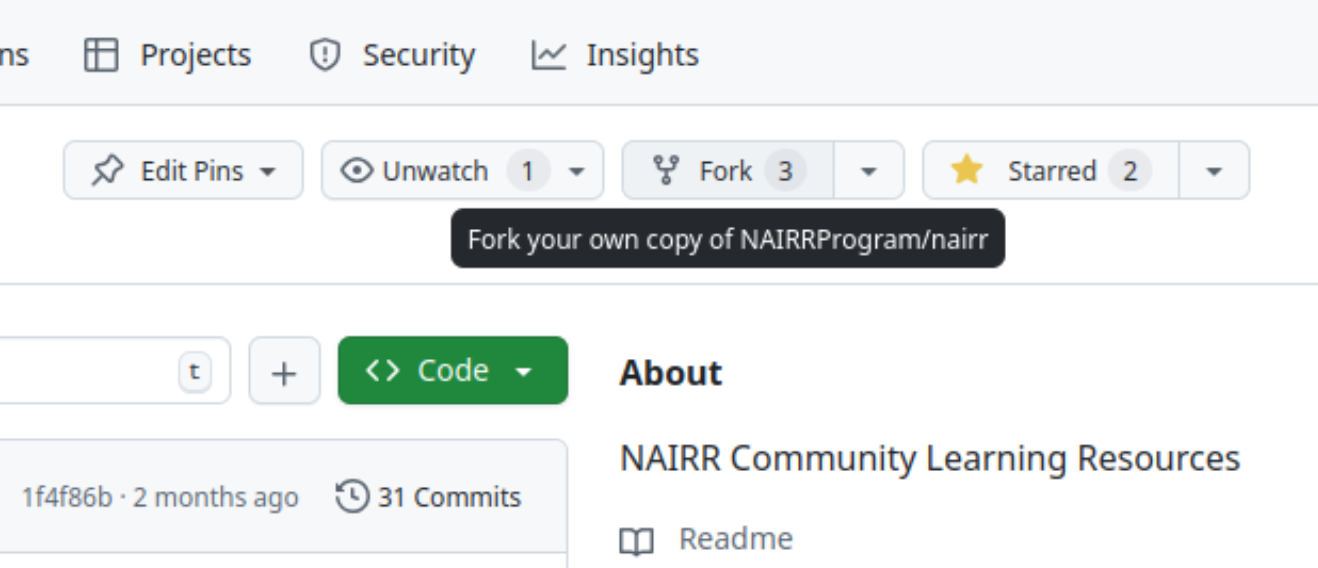 A close-up of the 'Fork' button. Beneath it is the text 'Fork your own copy of NAIRRProgram/nairr.'