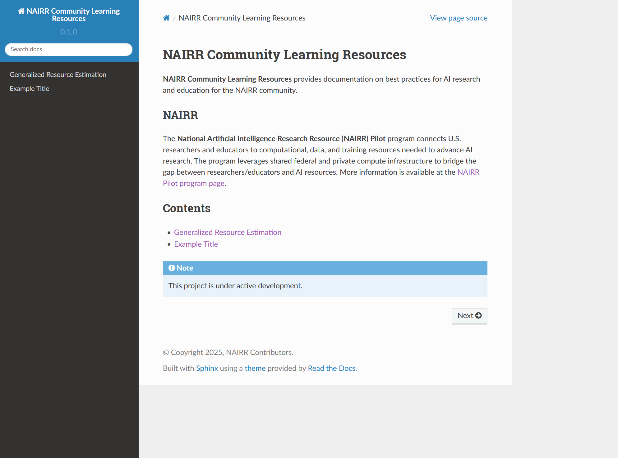 An early build of the NAIRR Community Learning Resources home page with a link to an example page in the table of contents.