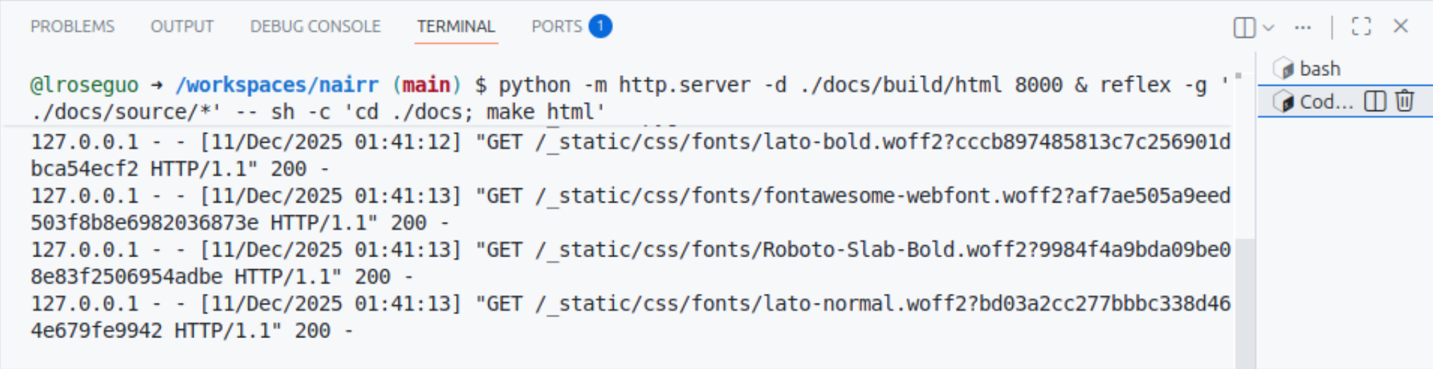 The codespace terminal running an http server.