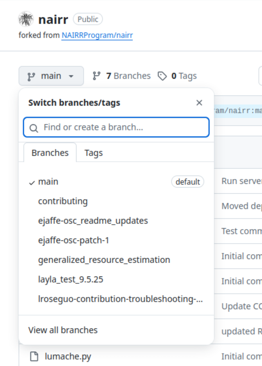 The branch selection drop-down on a fork of NAIRRProgram/nairr.