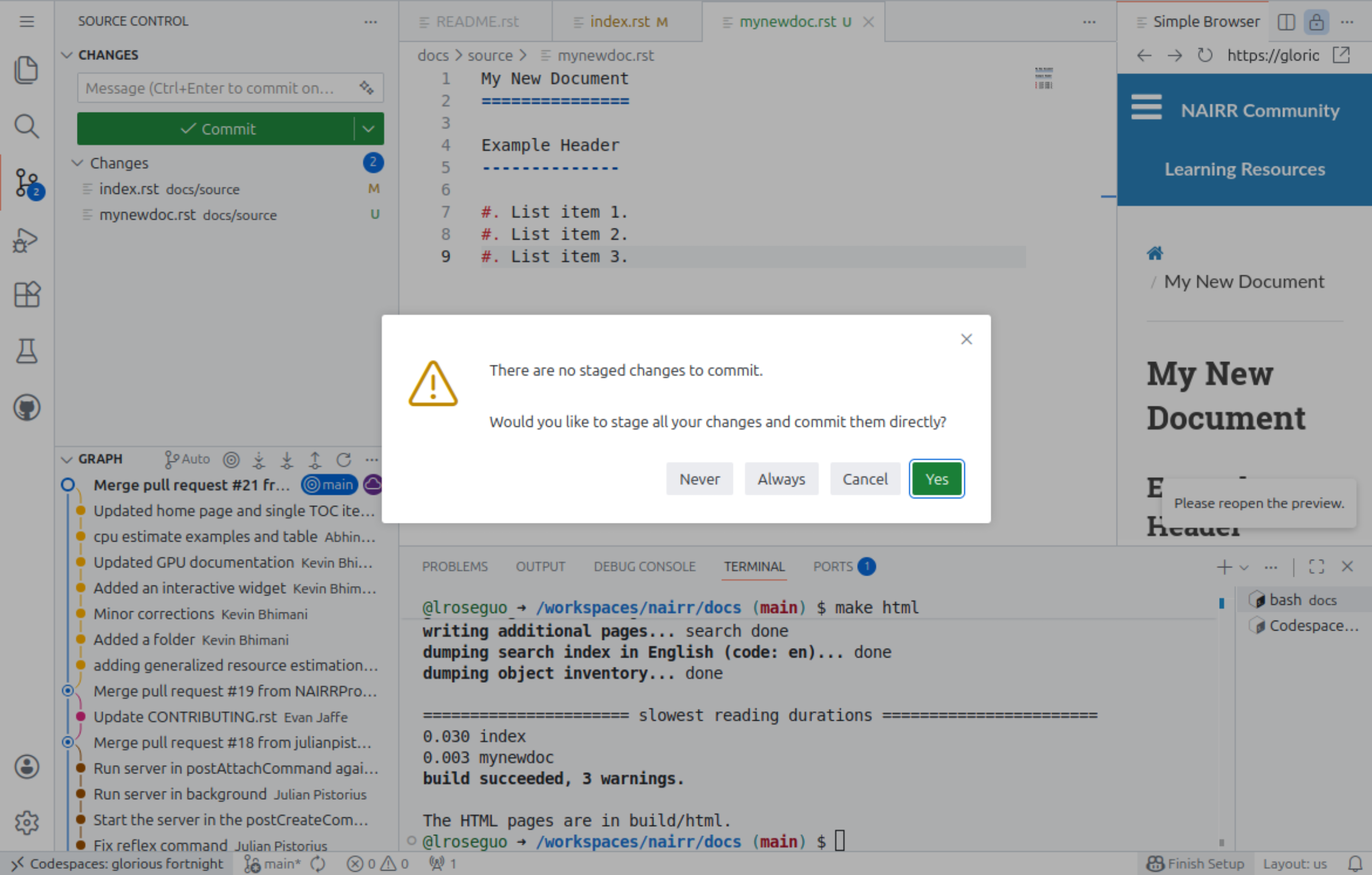 A window prompting the user to stage all changes and commit them directly.