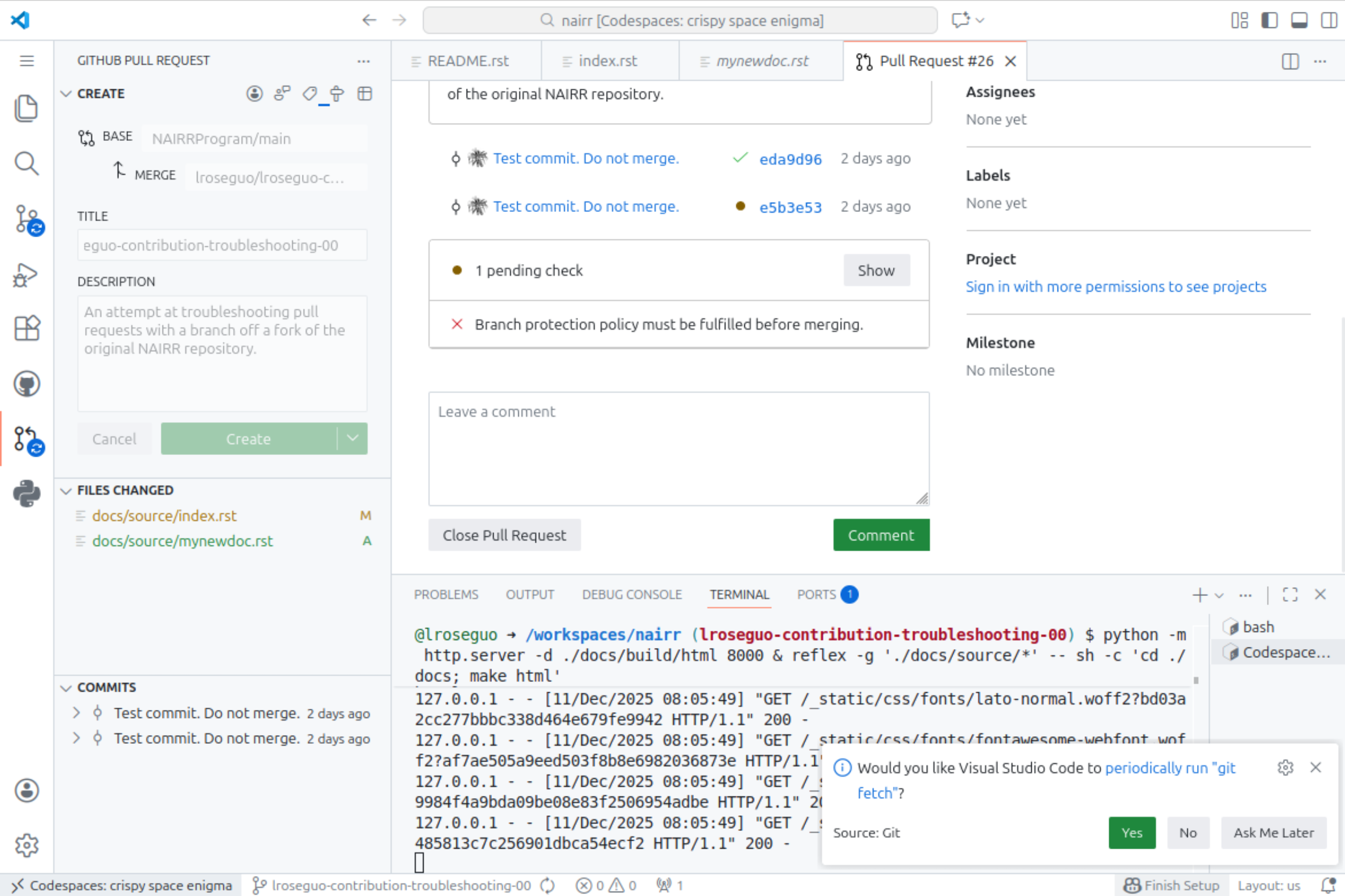 A notification at the bottom-right of the page asking whether the user wants to periodically run "git fetch."