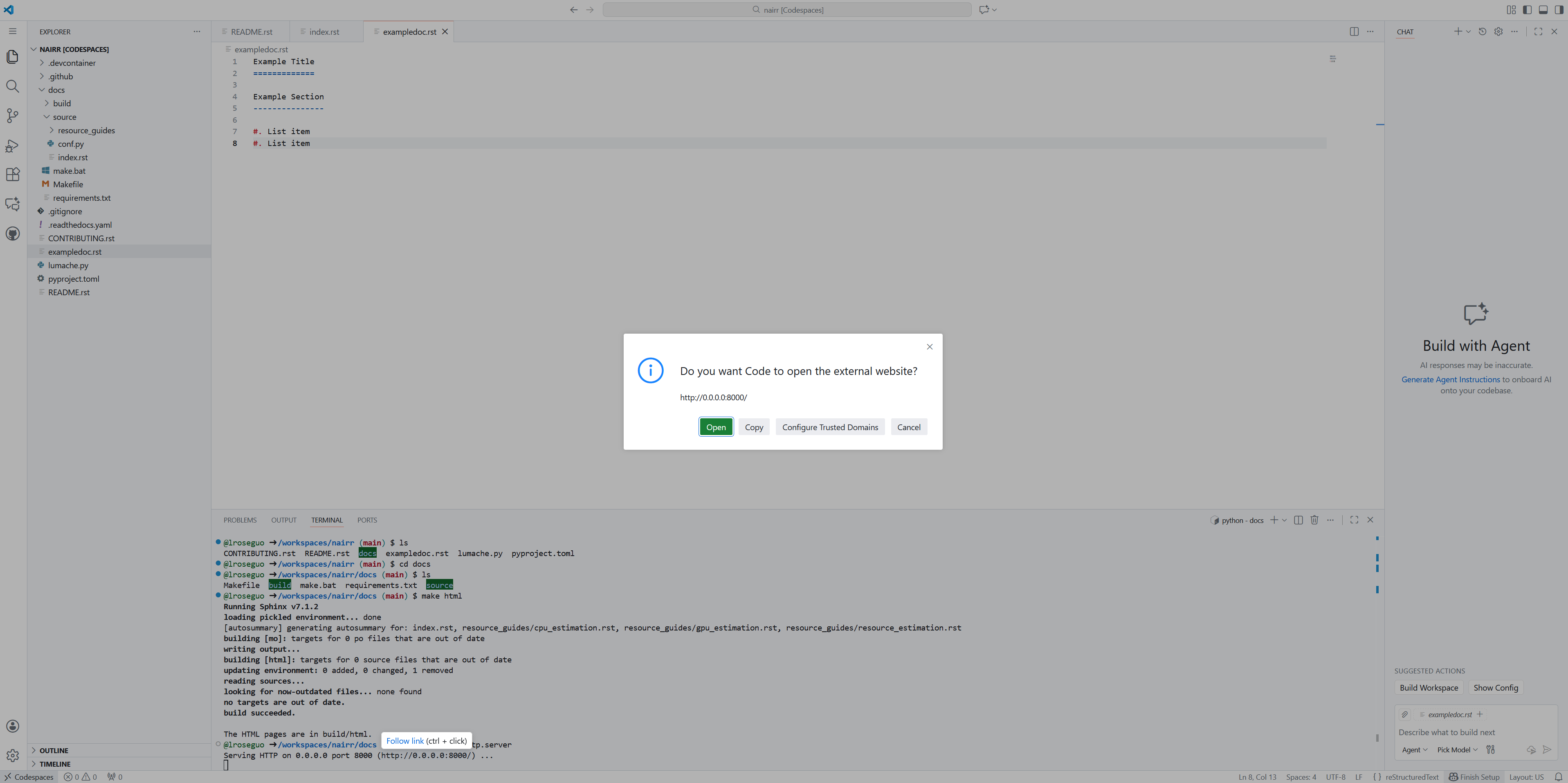 A prompt to allow Code to open an external website which it is serving.