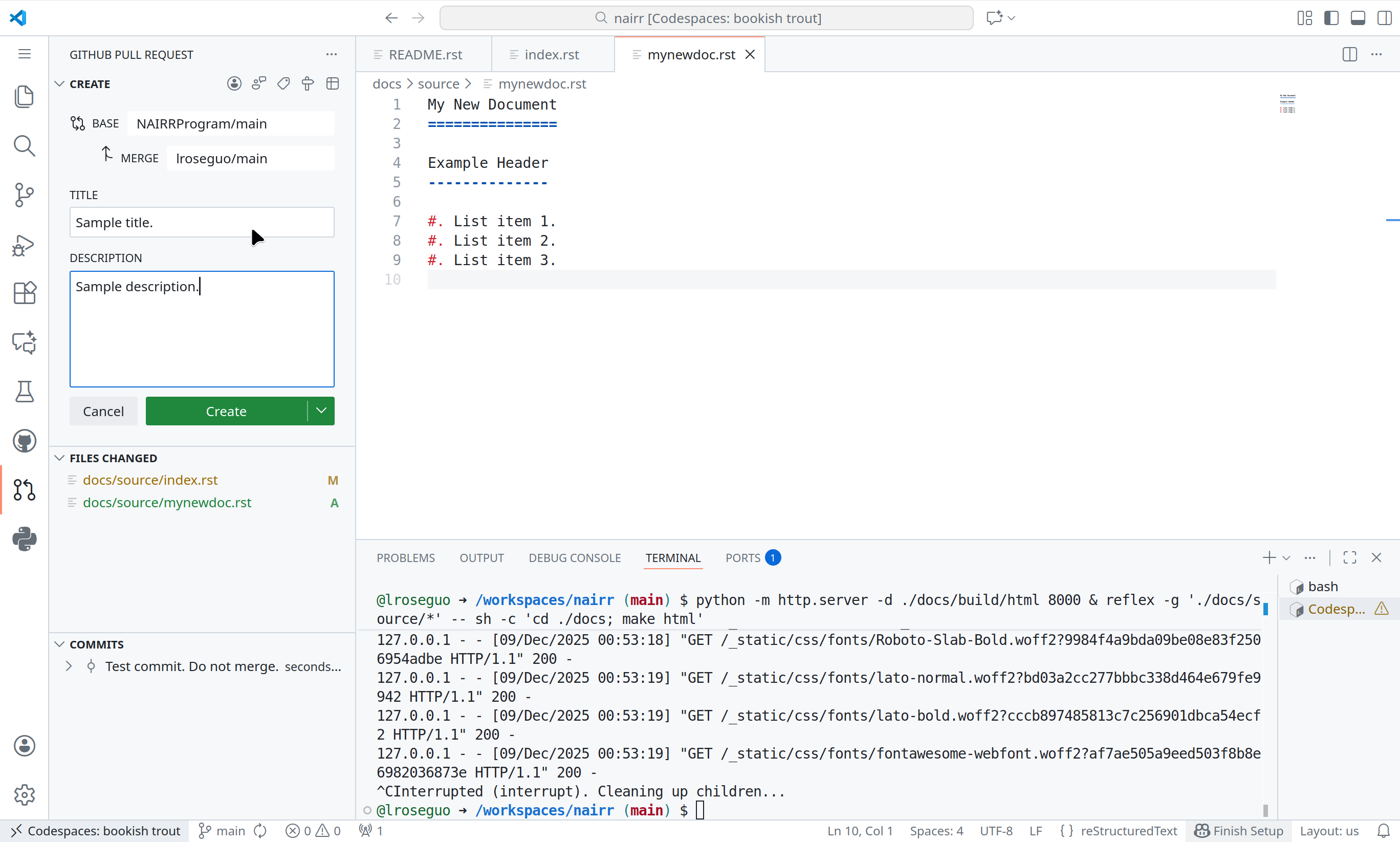 The 'GitHub Pull Request' window with sample title and description, and with an interactable 'Create' button.