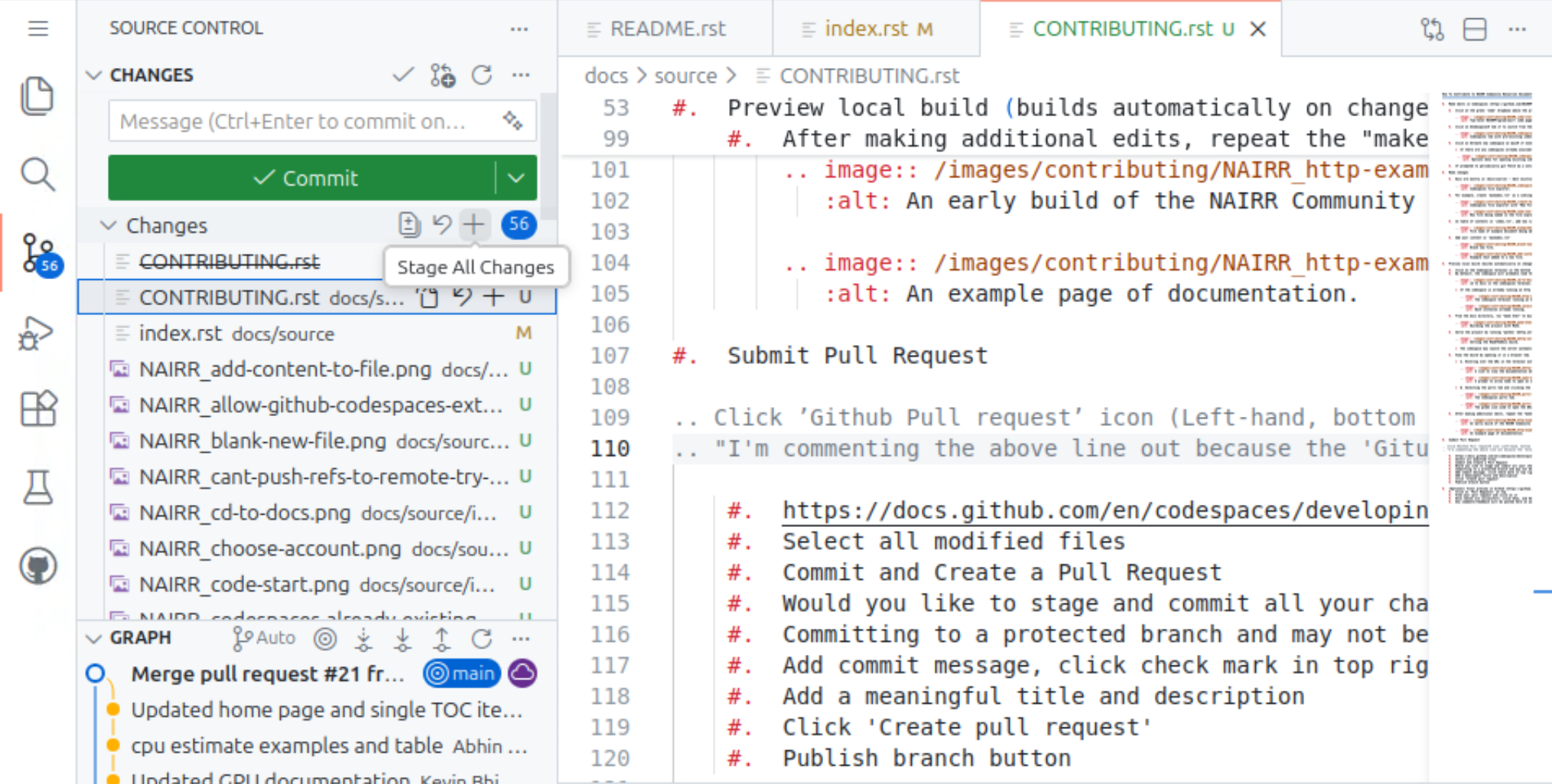 Source Control view of button to stage all changes.