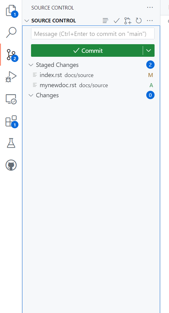 Source Control view of staged changes.