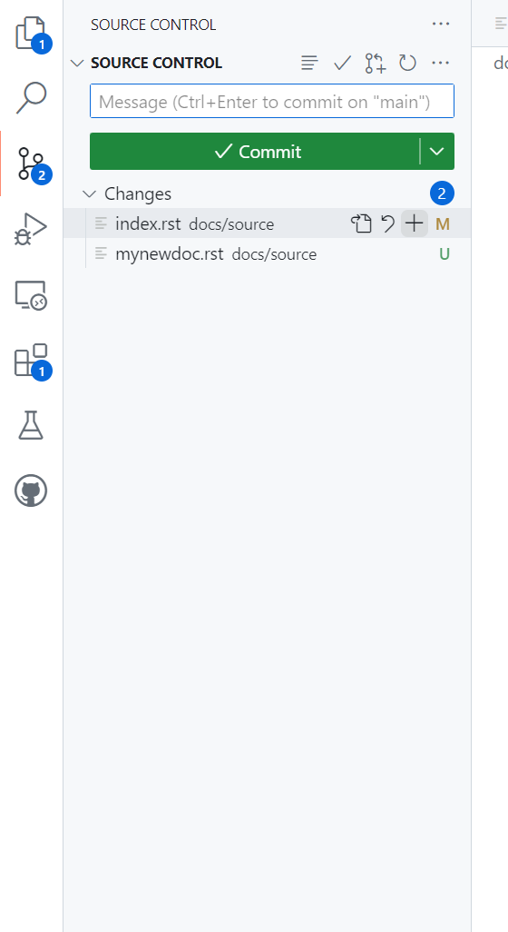 Source Control view of files with changes.